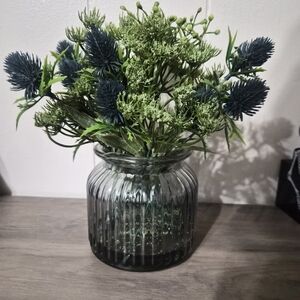 Faux Thistle Arrangement in Ribbed Glass Vase